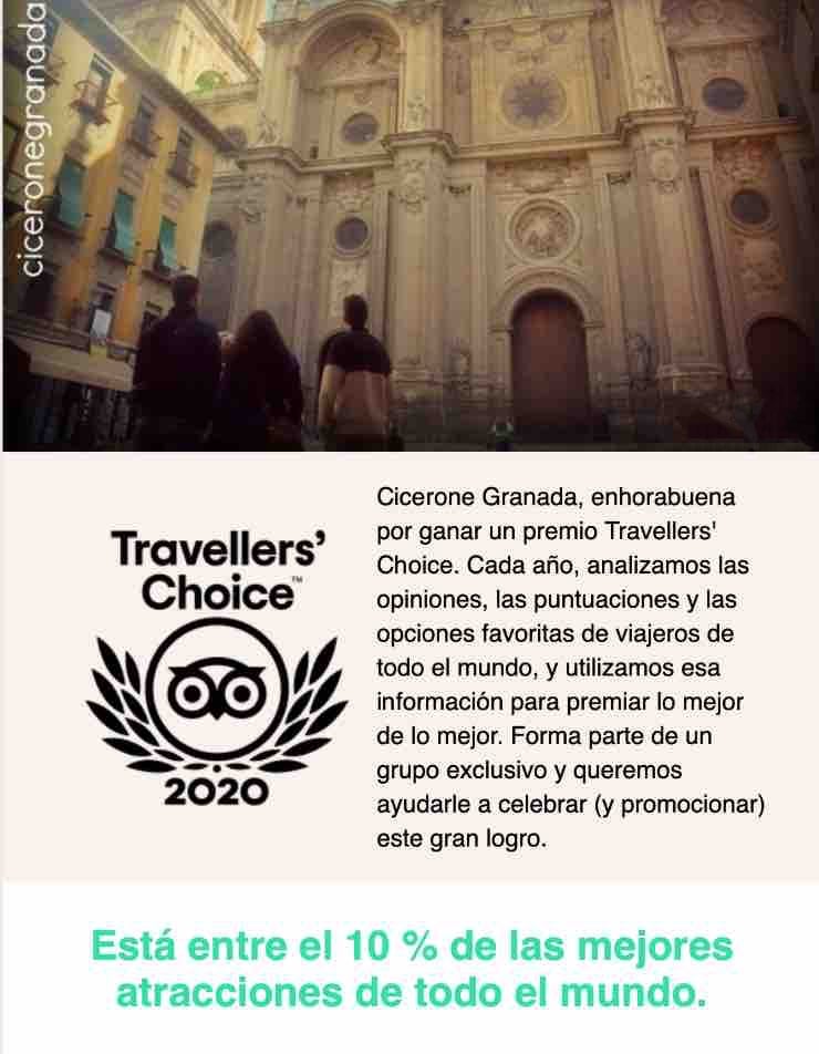 certificado tavelers' choice 2020 de tripadvisor para cicerone granada